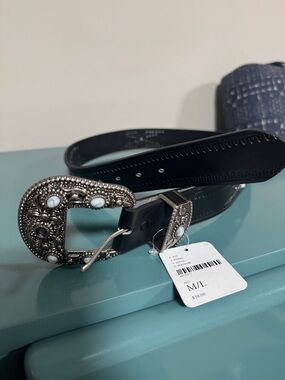 Free People Black Leather Belt with Ornate Silver Buckle and White Stone Accents